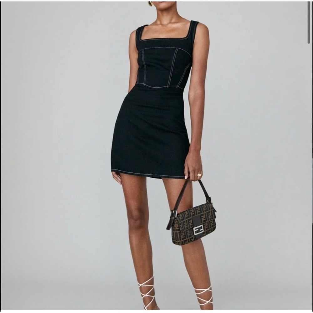 Reformation Davies Bustier Denim Mini Dress Women 0 Black Contrast Stitch NWOT - Picture 2 of 9